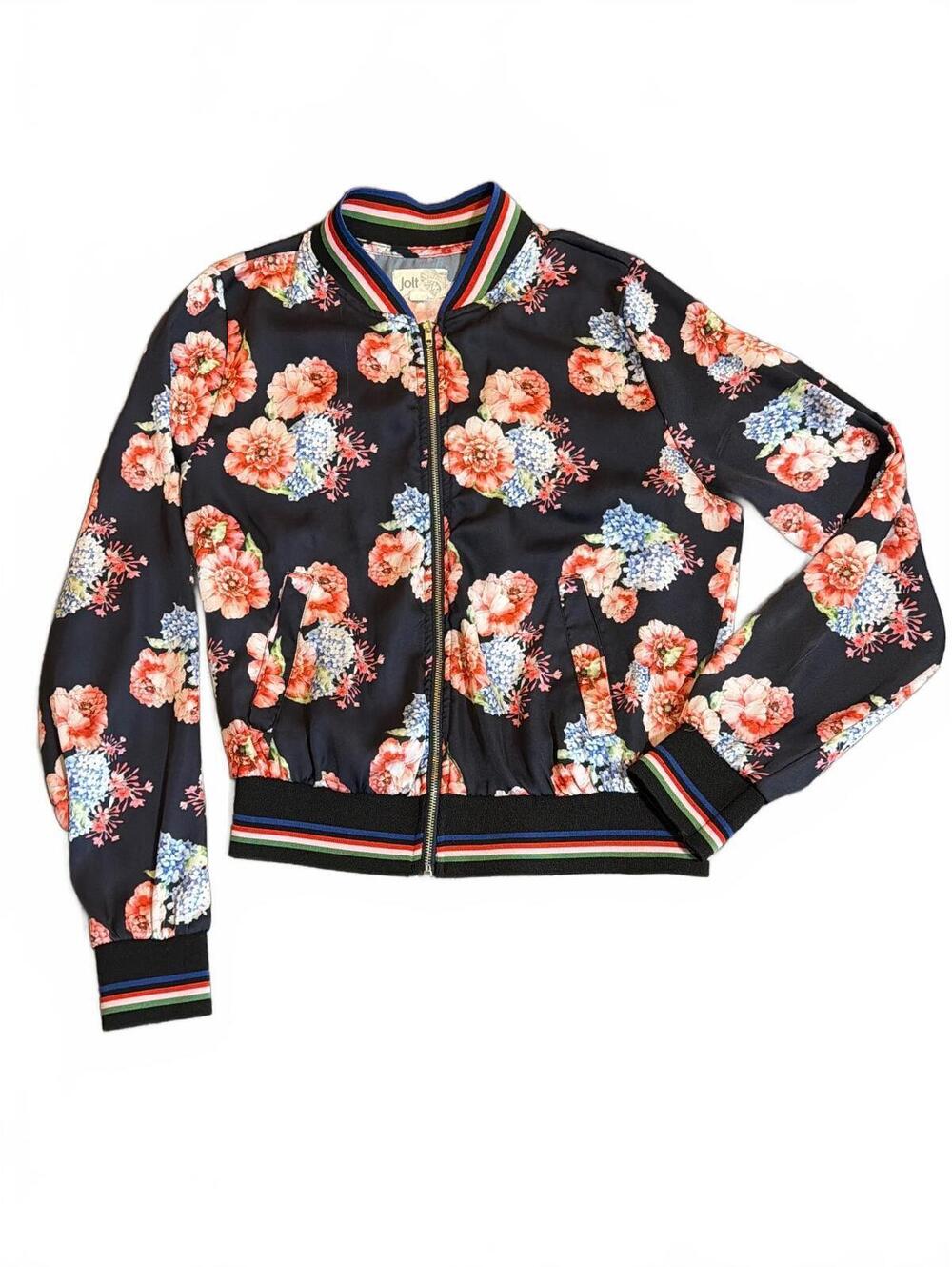 Jolt Floral Print Satiny Bomber Jacket with Striped Ribbed Trim - Size Small